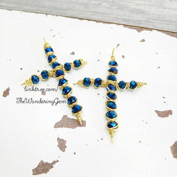 Cobalt Faceted Glass Beaded Cross Pendant, Wire Wrapped Pendant, 3" - Picture 2 of 4